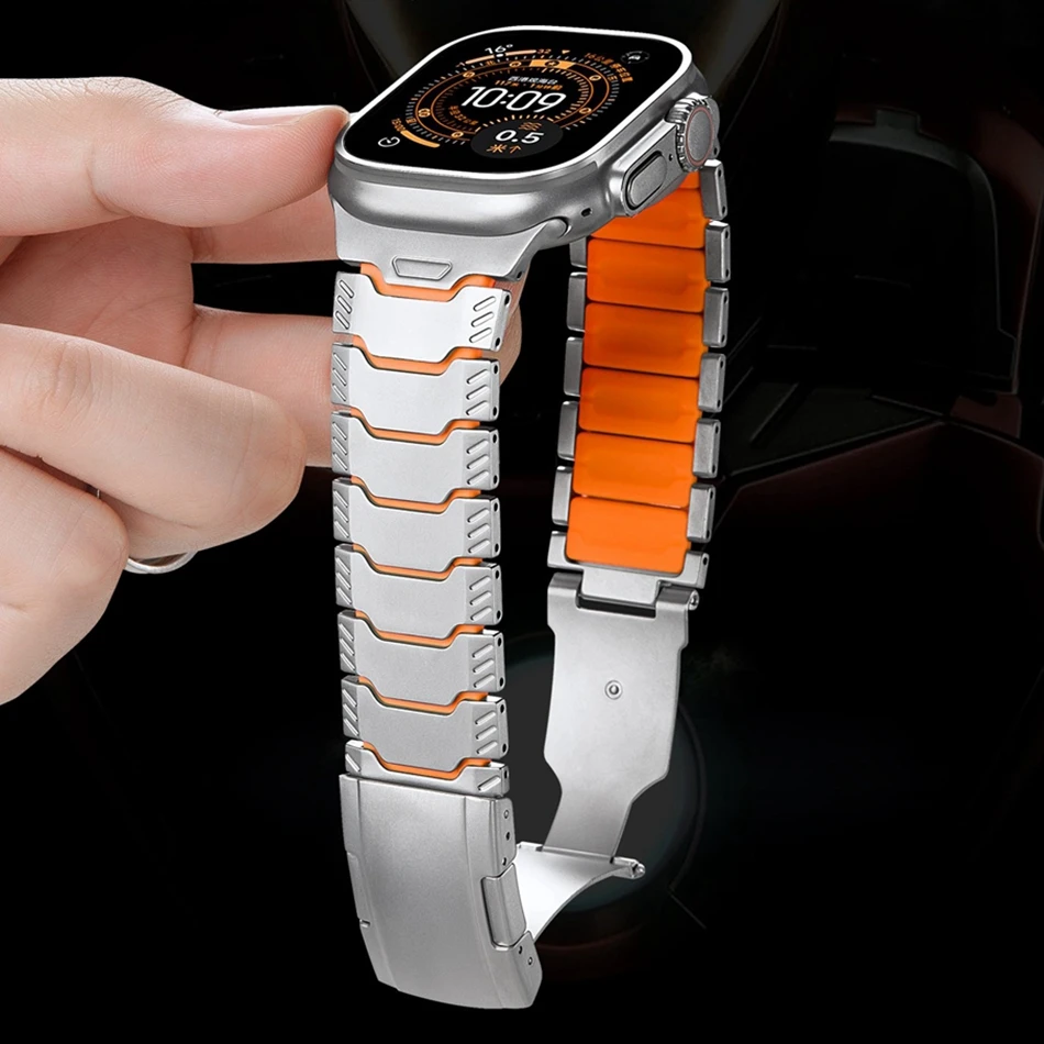 Titanium Silicone Folding Watch Band For Apple Watch Series 11/10/9/8/7/6/5/SE/Ultra Magnetic Strap For iWatch 49/46/45/44/42mm