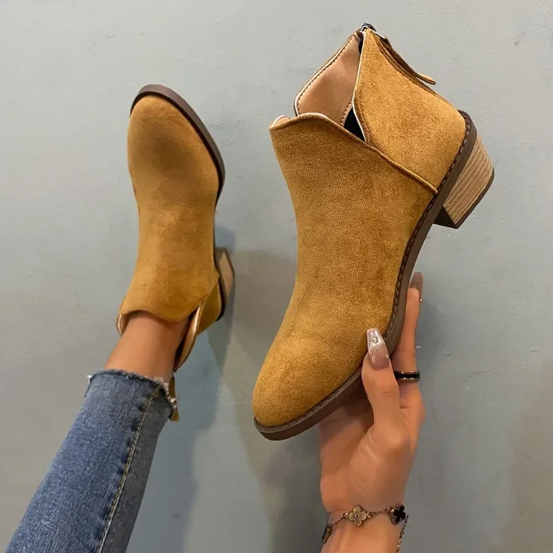 Botas romanas para mujer, botines aterciopelados, estilo británico, puntiagudos, con cremallera trasera, zapatos finos para trabajo de oficina, zapatos de tacón cuadrado para mujer, color caqui