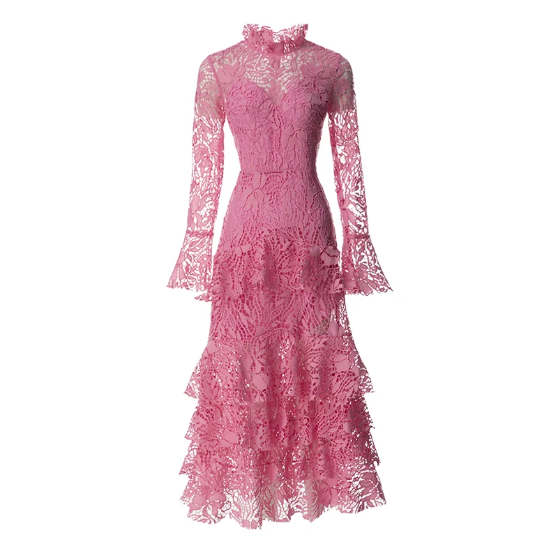 Vestidos de marca de lujo para mujer, vestido Midi ahuecado de manga larga con cuello levantado y volantes en cascada, color rosa y Vintage, 2023