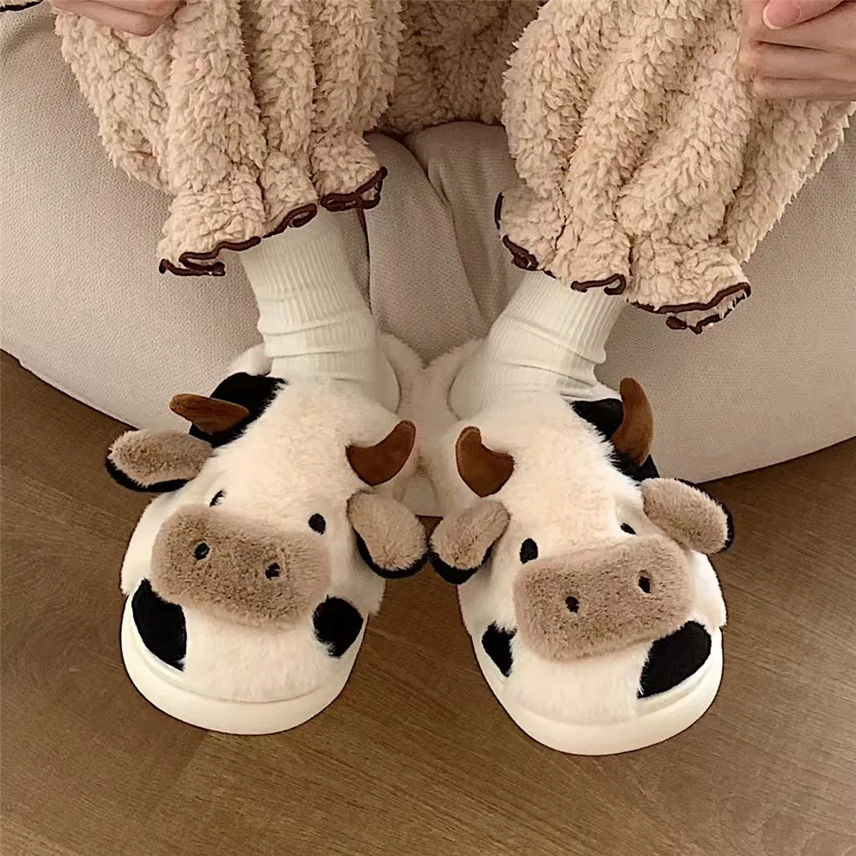 Winter Unisex Family Look Shoes Cartoon Cow Warm Children\'s Plush Slippers For Girls Boys Indoor Non-slip Mule Home Cotton Shoe