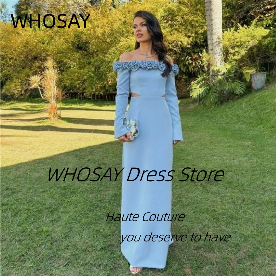 WHOSAY Boat Neck Prom Dresses with Flowers Long Sleeves Outdoor Banquet Saudi Arabia Party Evening Gowns Bespoke Vestidos