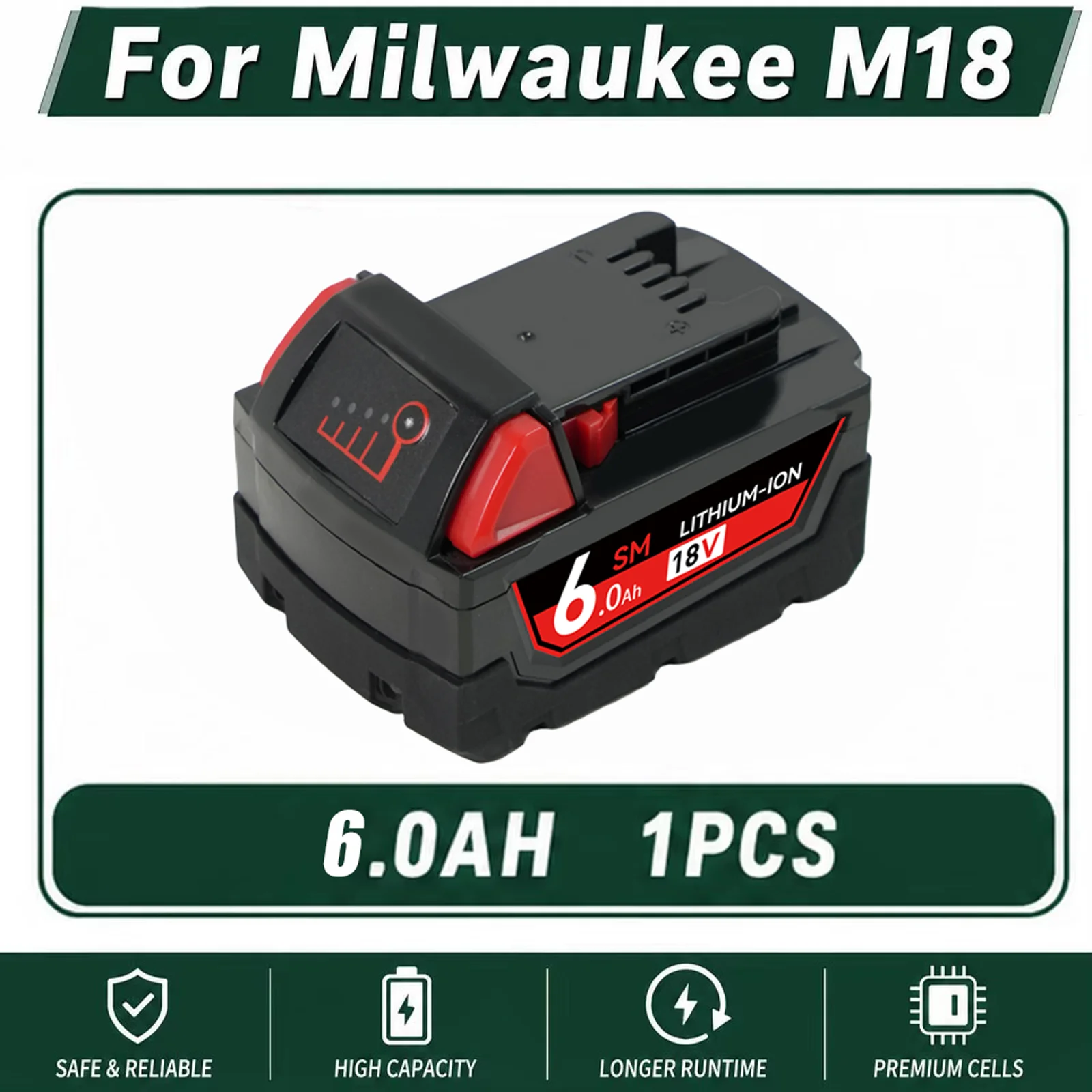Akumulator 18V 6.0Ah do narzędzi Milwaukee M18, modele 48-11-1815, 48-11-1850, 2604-22, 2604-20, 2708-22, 2607-22. Dostawa lokalna i szybka.