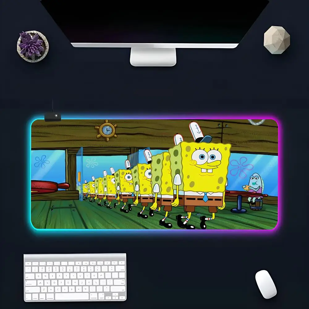 Anime Cute S-SpongeBobs Mouse Pad Popular Large RGB Mause pads XXL LED Japan made Table Pads Keyboard Mats Desk Rug With Backlit