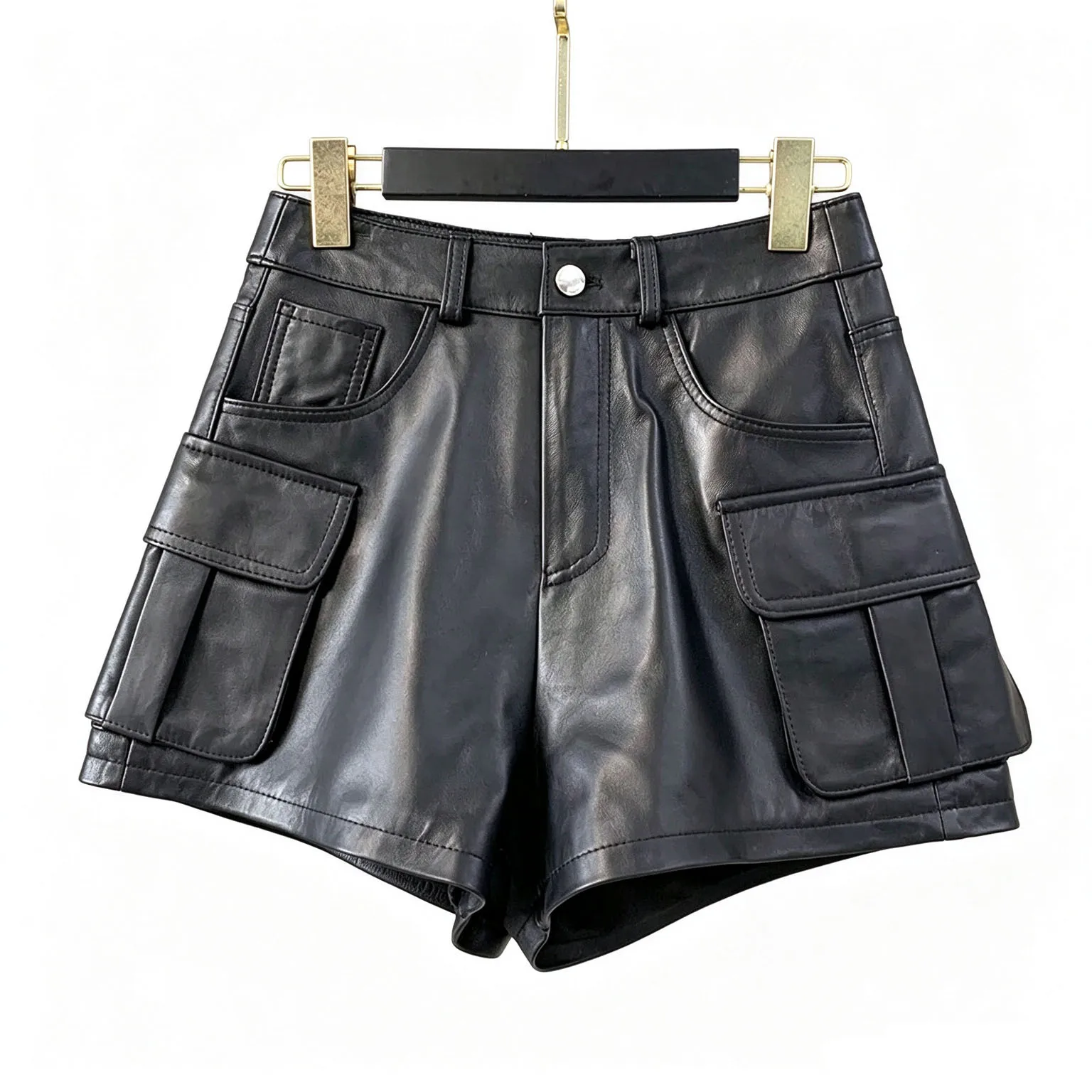Women Short Sheepskin Shorts 2026 New Fashion Pockets High-Waisted Slim Fit Cargo Bootcut Female Real Leather Short Trousers