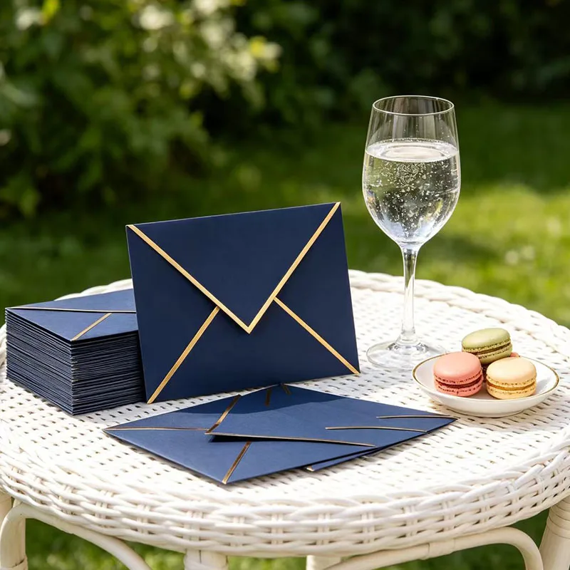 10 Blue V-Shaped Gold Edged Envelopes, Beautiful, Durable, Easy to Carry, and Reusable; Suitable for Daily and School Use