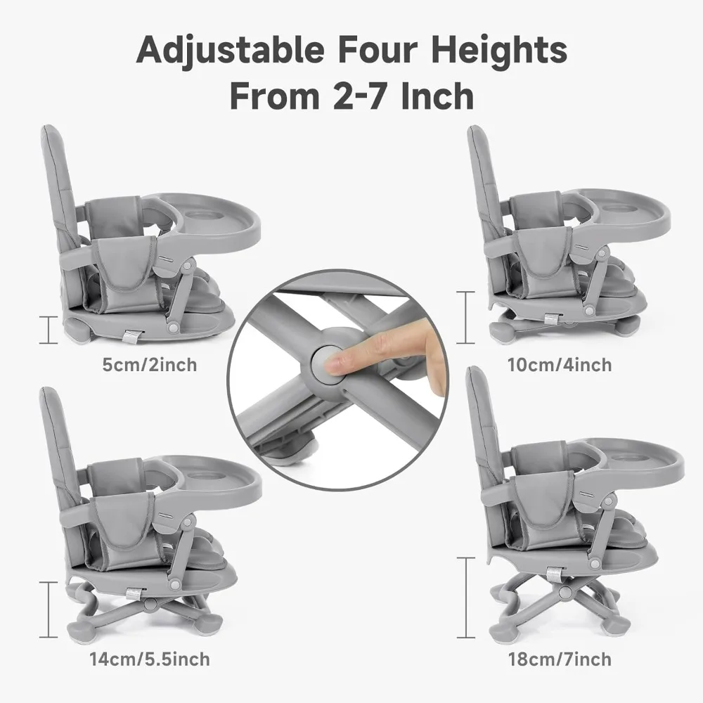 Cadeira dobrável de altura crescente para crianças, portátil, compacta, cinza