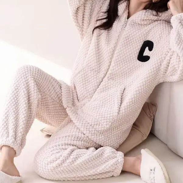 Autumn Winter High-grade Hooded Pajamas Velvet and Thick Zipper Casual Wear Home Suit Set Cosy Thermal Pajamas Both Men Women