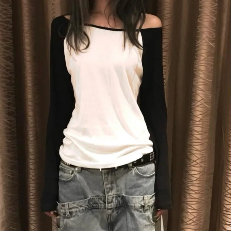 Women Off Shoulder Raglan Long Sleeve T Shirt Slim Fit Basic Tee Casual Y2K Figure Hugging Top Street Dating Daily Outfit