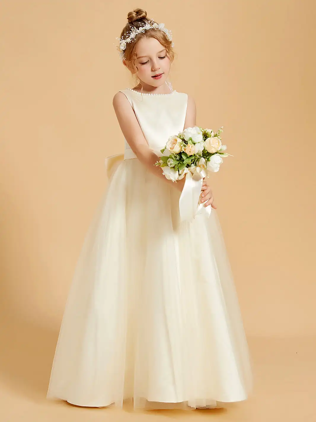 Abiti da ragazza di fiori di bellezza con perline con Tulle eleganza a-line abiti da sposa lunghi fino al pavimento abiti da festa di compleanno per bambini increspati