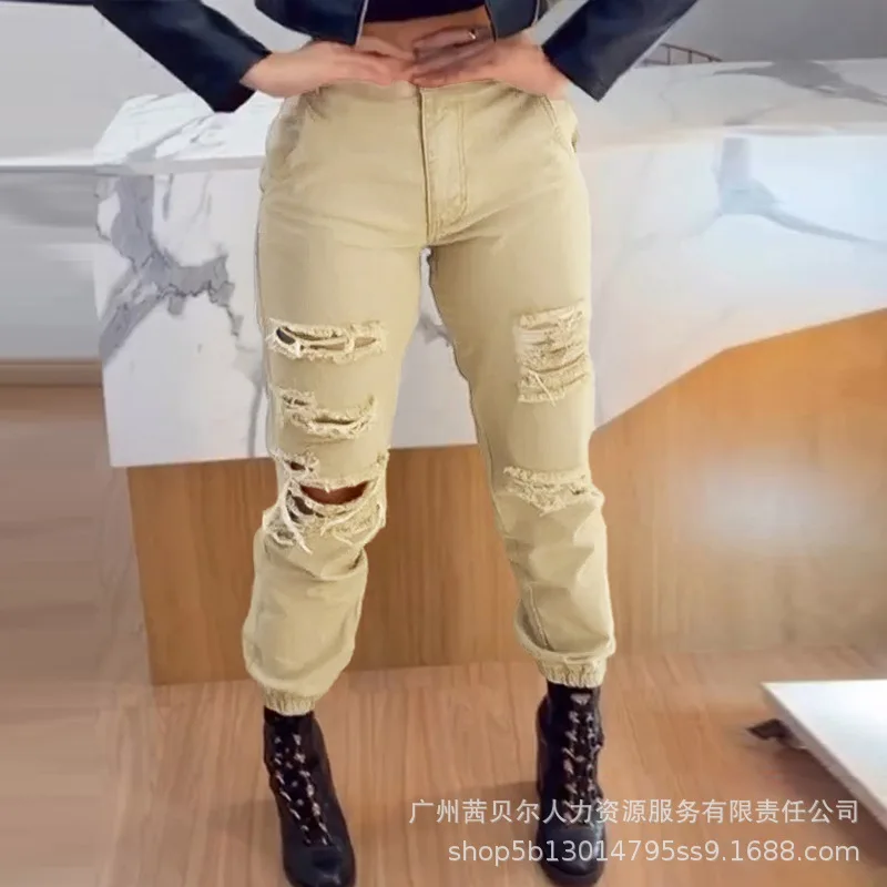 

Ankle-Tied Overalls Trousers Hole Washed Y2K Khaki Cargo Pants Women Leisure Ripped High Waist Pockets Pencil Pants