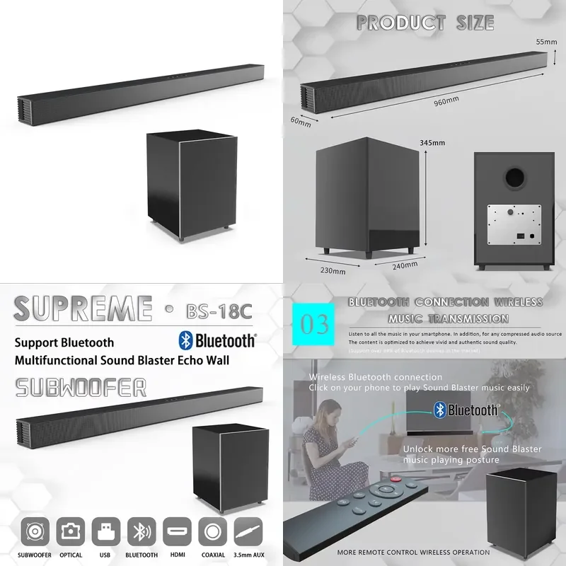 84W TV Wireless Sound Bar With Wireless Subwoofer Box Soundbar 2.1Home Theater Surround Sound System