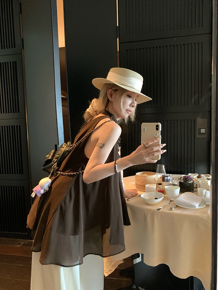 

Lin Chu, летний уникальный красивый утягивающий топ с охватывающимися плечами, женский жилет с нерегулярными бретелями и подолом Lotus Le