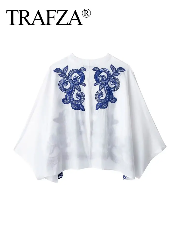 TRAFZA 2024 Female Summer Elegant Cloak Blouse Long Sleeves V-Neck Blue Floral Embroidery Loose Causal Shirt Holiday Beach Tops