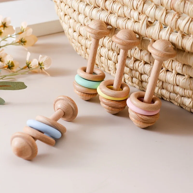 Baby Wooden Montessori Toys Music Rattle Hand Bells Teethers Beech Wooden Rings Star Rattle Soother Teether Toys Chew Baby Toys