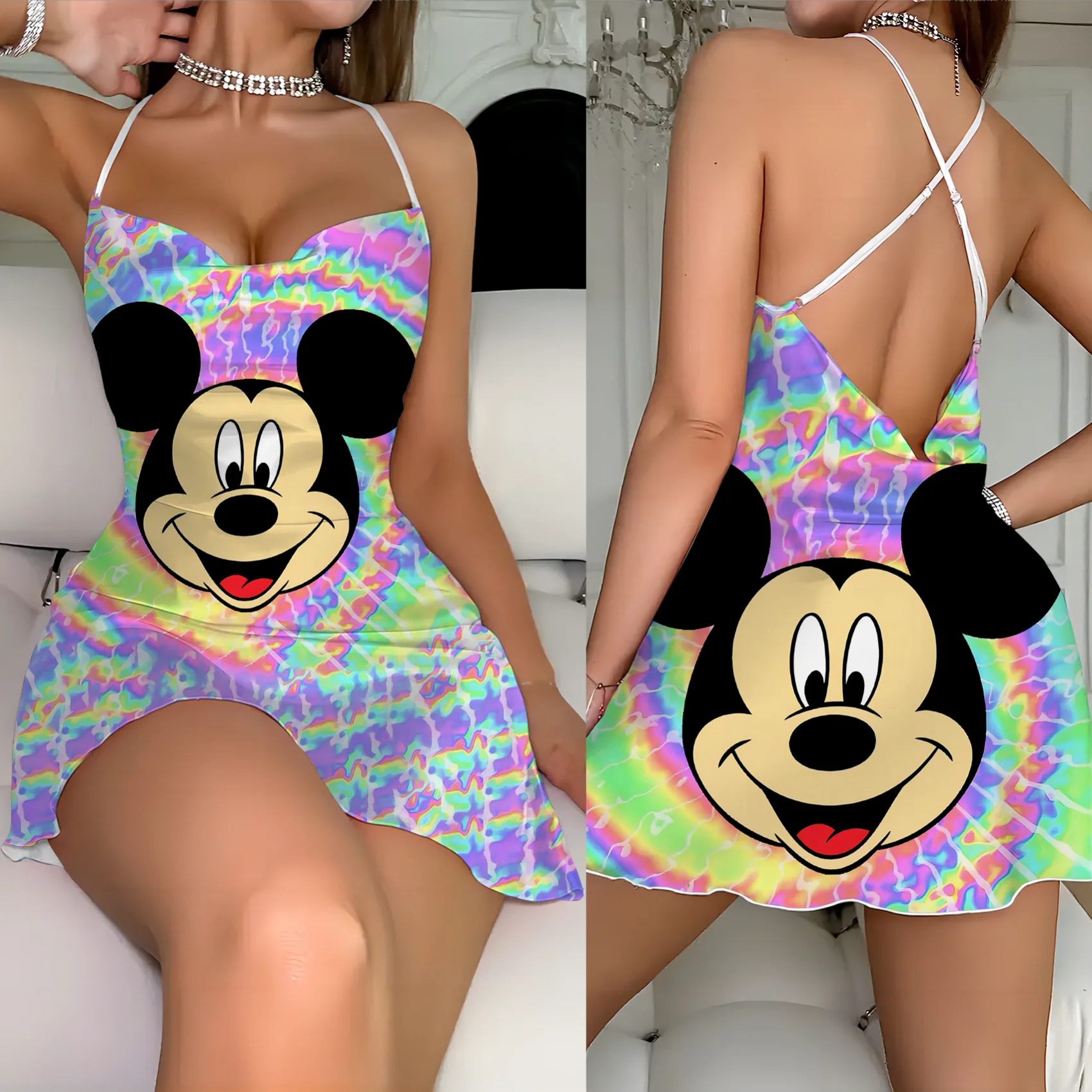 

Slip Dress Crew Neck Elegant Dresses for Women Minnie Mouse Lettuce Trim Mickey Disney Fashion Summer 2024 Backless Neck Dress