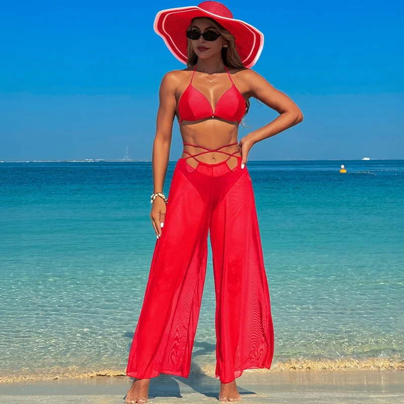 2025 Women's 3-Piece Swimsuit Set Sexy Bikini with Cover-Up for Hot Spring Summer Black Wide Leg Panties Swim Beachwear Holiday