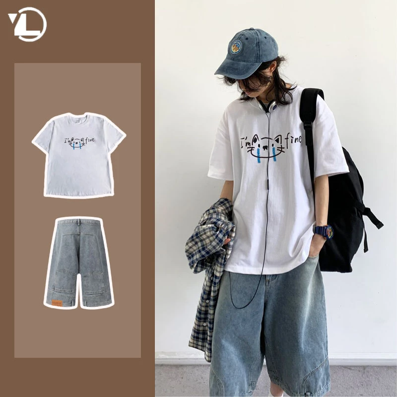 2024 Summer New Casual Set Mens Simplicity Letter Short Sleeved T-shirt+Washed Vintage Denim Shorts 2-piece Korean College Suits