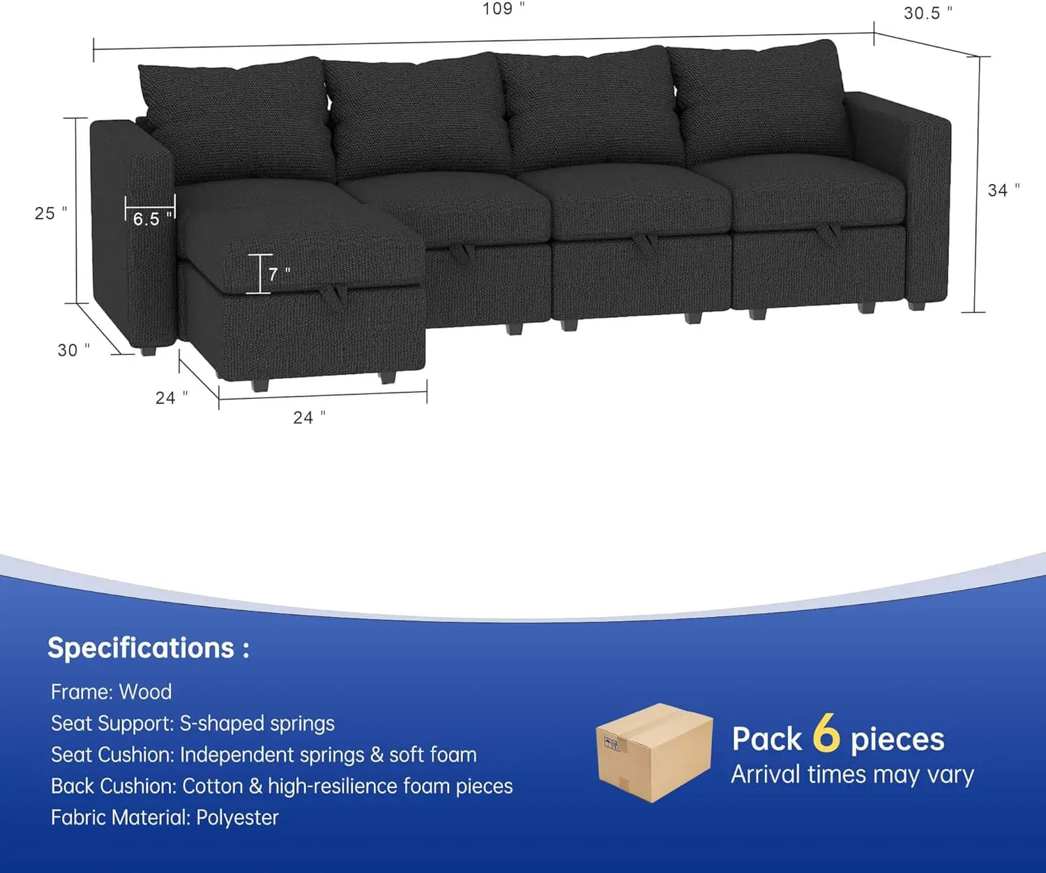 Modular Sectional Sofa Set, Sectional Couches for Living Room, Modular Couch , L Shaped Couch, Sectionals Sofas(Black)