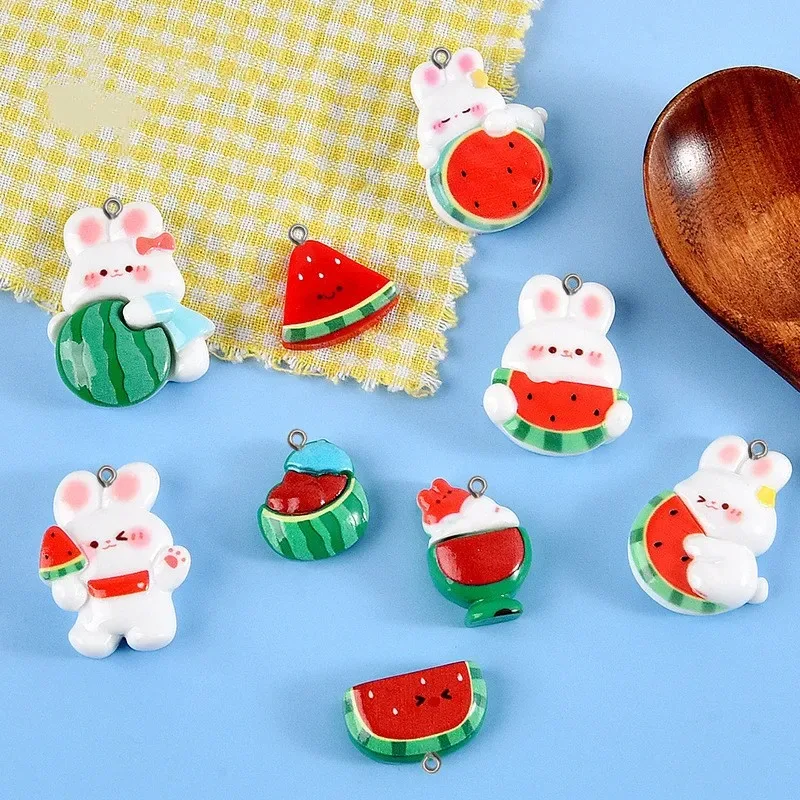 10Pcs Watermelon Rabbit Resin Charms Cute Mini Cabochon Figurine Pendants for Keychain Phone Decor Jewelry Making