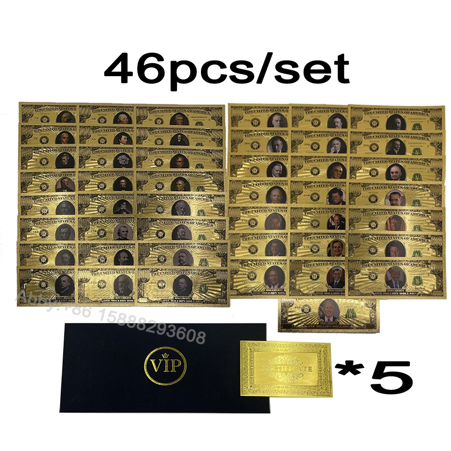 

46pcs/set USA President Gold PLATED Banknote Trump card Biden Roosevelt money One Million Dollar Golden tickets For Collection