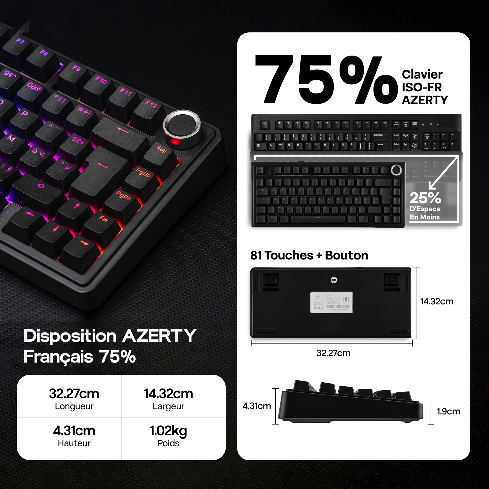 ISO-FR 레이아웃 AULA F75 75% AZERTY 프랑스어 레이아웃 유선/블루투스/2.4G 무선 기계식 게이밍 키보드 RGB 백라이트 4000mAh 배터…