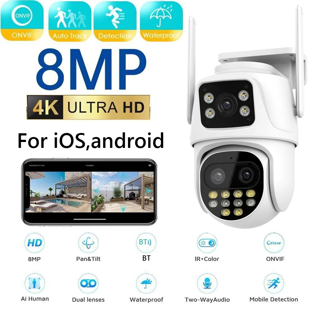 4K 8MP WIFI Surveillance Camera Dual Lens Dual Screen IP Camera Outdoor HD Auto Tracking Security Protection Night Vision Camera