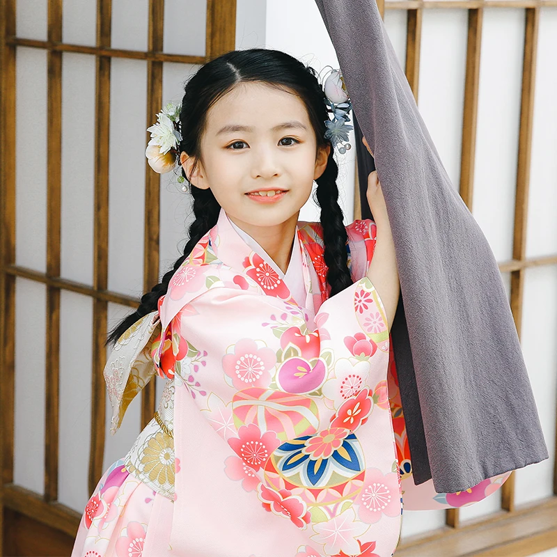 

Japanese Style Children's Pink Cherry Blossom Printed Kimono Clothes Kimono Yukata Bathrobe Girl Only Kimono Costume ZE419