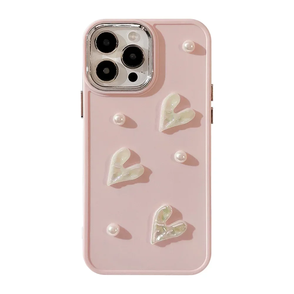 3D Pink Love Heart Pearl Phone Case for IPhone16 15 14 12 13 11 Pro ProMax Mini Plus X XR Shockproof Phone Cover