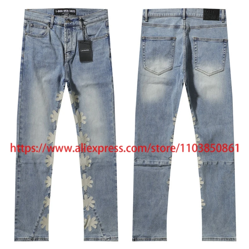 

Retro Light Blue LOSTSHDWS Jeans Straight-leg Pants Summer High Street Rap Hip Hop Style Stretch Jeans Men Women Denim Trousers