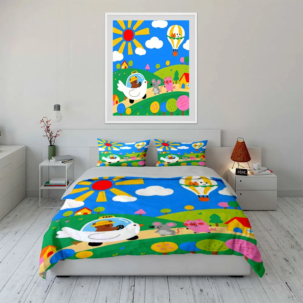 Cheerful animal village scene Print Soft Comfortable Duvet Cover Bedding Set Included 1*Duvet Cover  2*Pillowcases