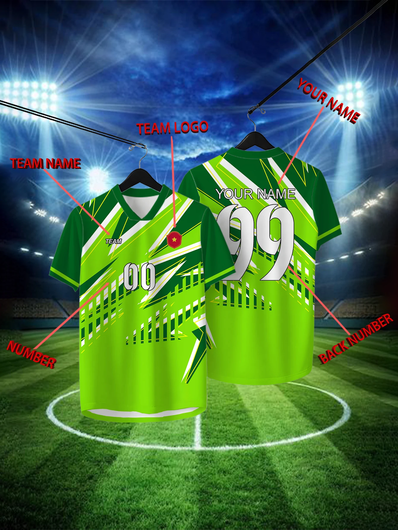 

Customized Geometric Green Short Sleeved Shirt with Team Name, Emblem, Name and Number, Outdoor Sports Short Sleeved T-shirt