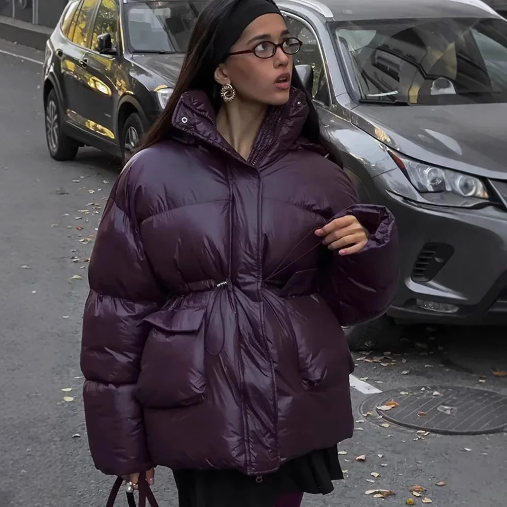

2025 зимняя новая темно-фиолетовая куртка-пуховик на молнии на талии, теплая приталенная свободная стильная модная трендовая верхняя одежда