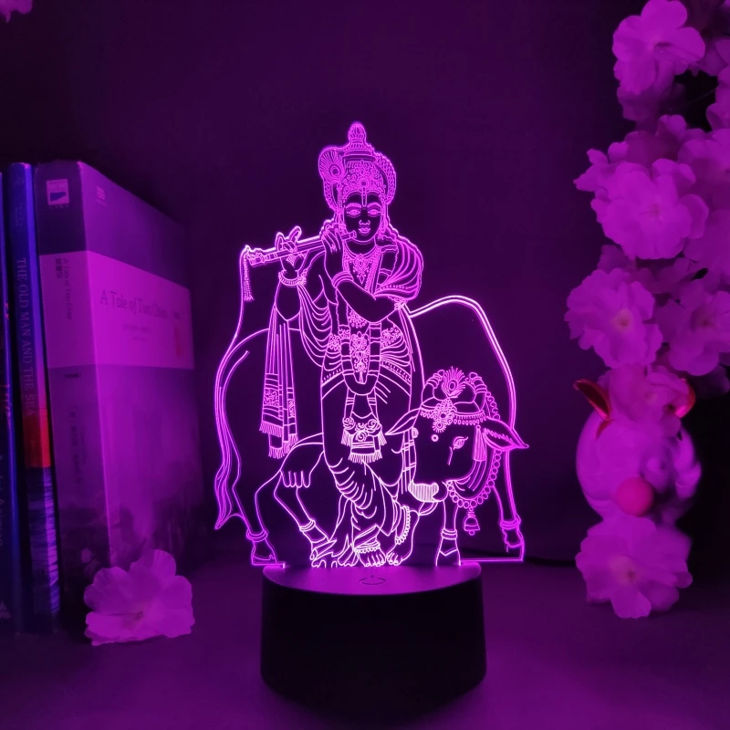 

Lord Krishna With Cow Calf RGB Light Religious Hindu Gods LED Tabletop Decoration Accessories Fireplace Art Decor Nightlight