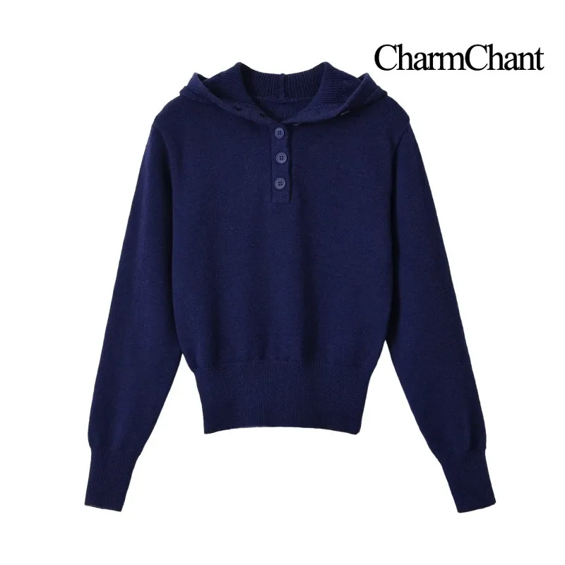 CHARMCHANT Women's Cropped Hooded Knit Sweater 3-Button Henley Pullover Loose Long Sleeve Solid Hoodie Autumn Winter 2026