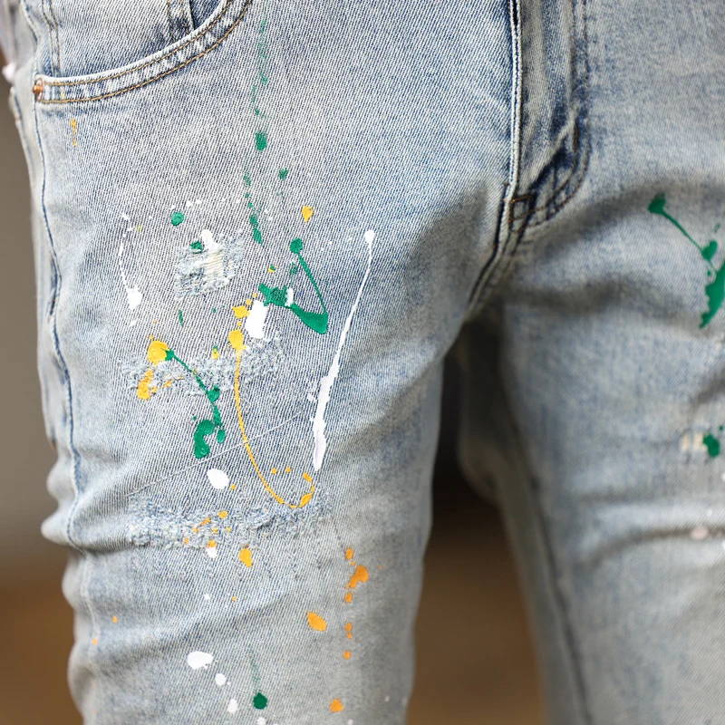 High Street Fashion Men Jeans Retro Light Blue Painted Designer Stretch Slim Ripped Jeans Men Hip Hop Denim Pencil Pants Hombre