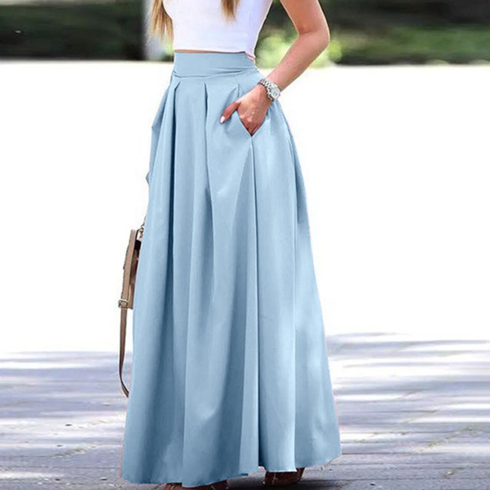 Women\'s Large Solid Women Satin Silk Long Skirts Cotton Solid Elegant Loose Sundress Femme Elastic Waist Oversized Casual Dresse