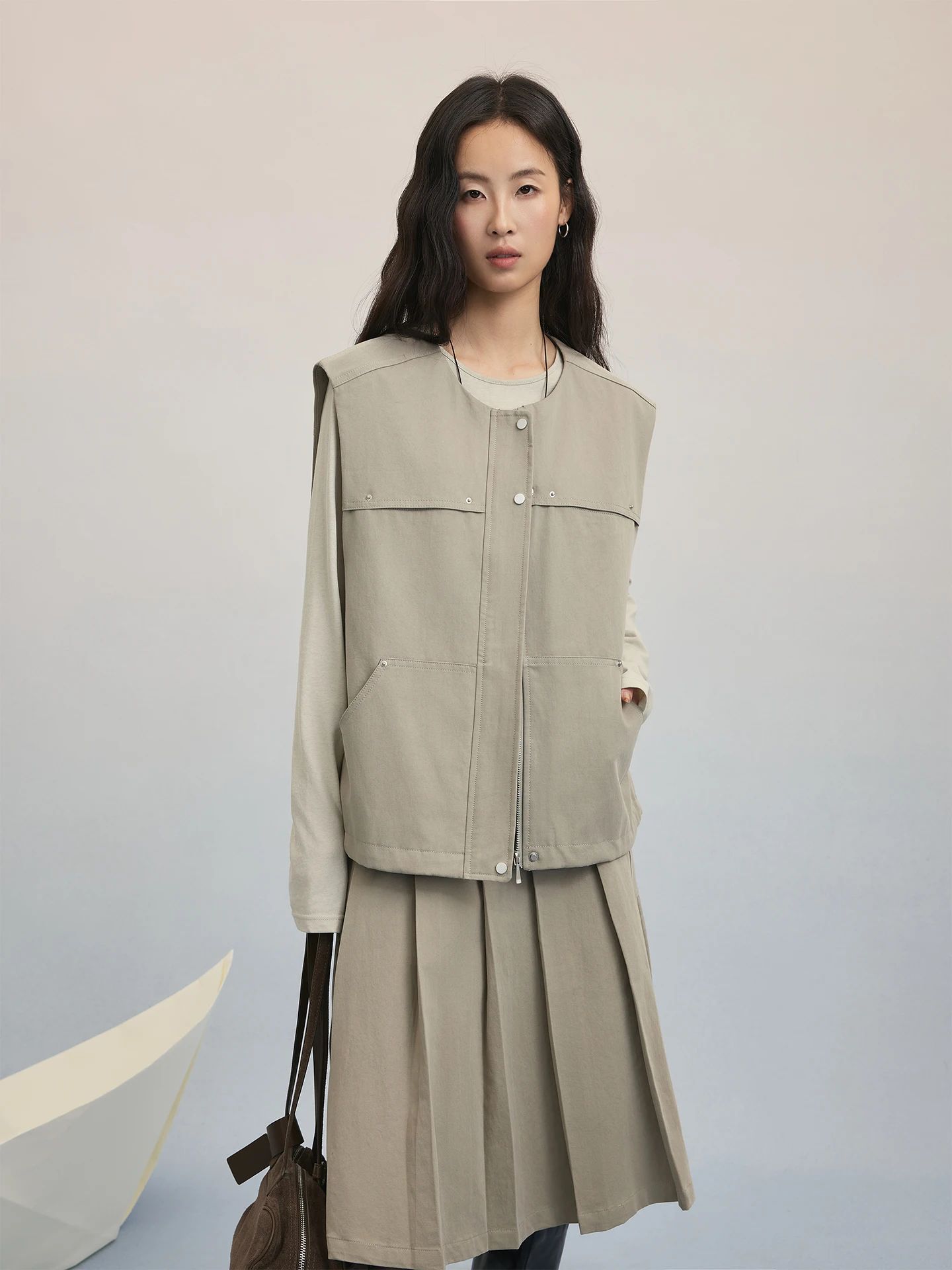 

Caremind round Neck Sleeveless Vest Loose Workwear Open Cardigan Style Versatile Outerwear Cotton Lyocell Linen Nylon Blend Z...