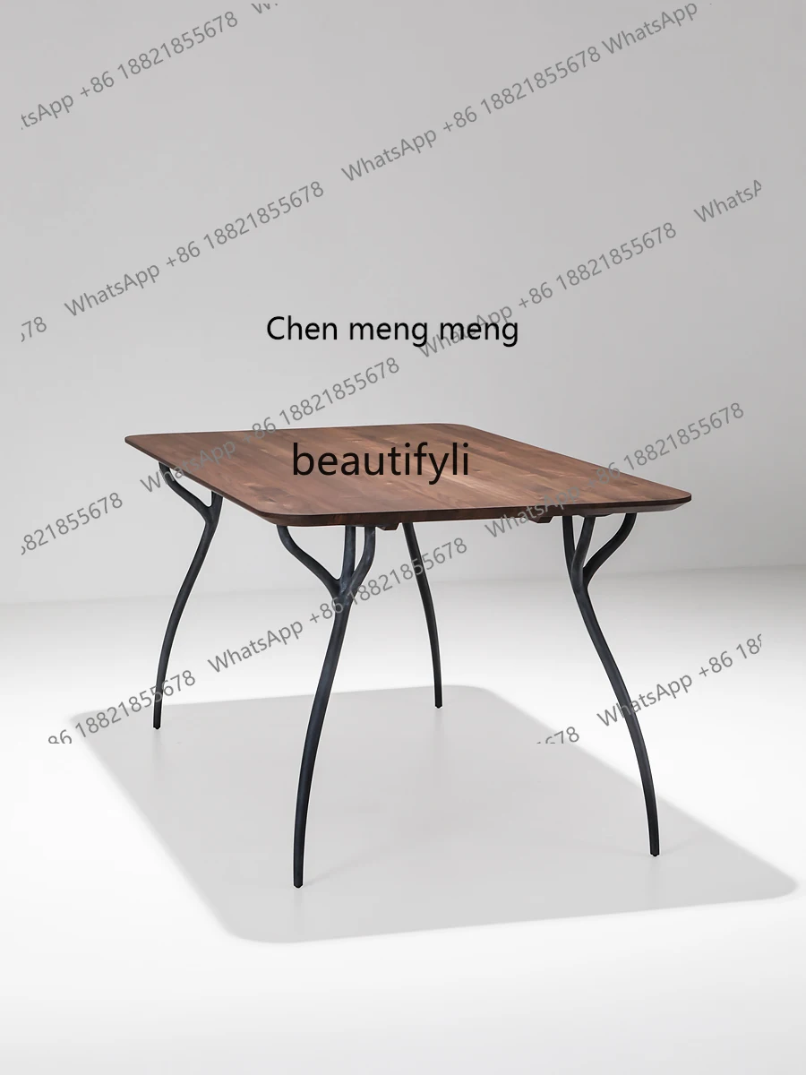 Modern Minimalist Creative Nordic Retro Style Solid Wood Dining Table Metal Walnut Rectangular Table
