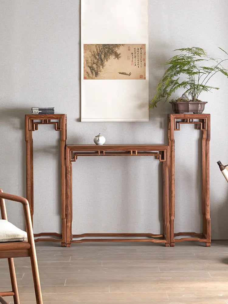 Yjq new Chinese flower table Zhongtang three-piece black walnut porch solid wood flower stand table in the living room
