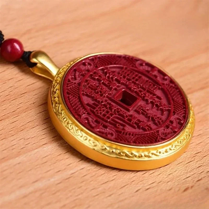 High Content Cinnabar Gold Plated Inlaid A Three-Dimensional Engraved Mountain Ghost Coin Pendant Exquisite Fashion Fine Jewelry
