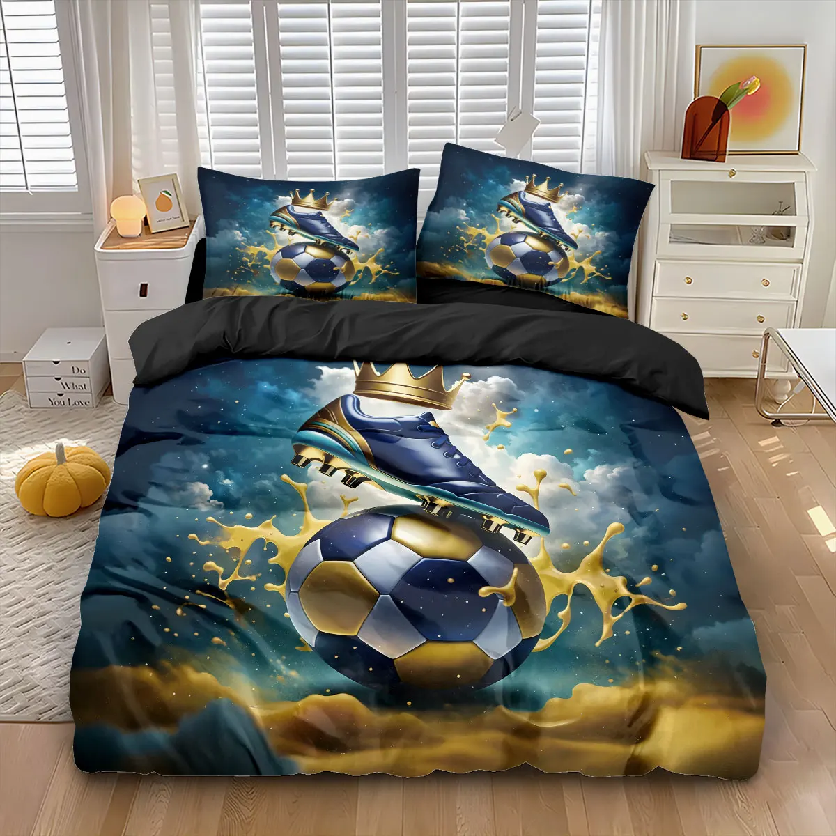 Soccer Football Print Duvet Cover Set 3PCS Sports Theme Bedding Set with Pillowcases for Boys Bedroom