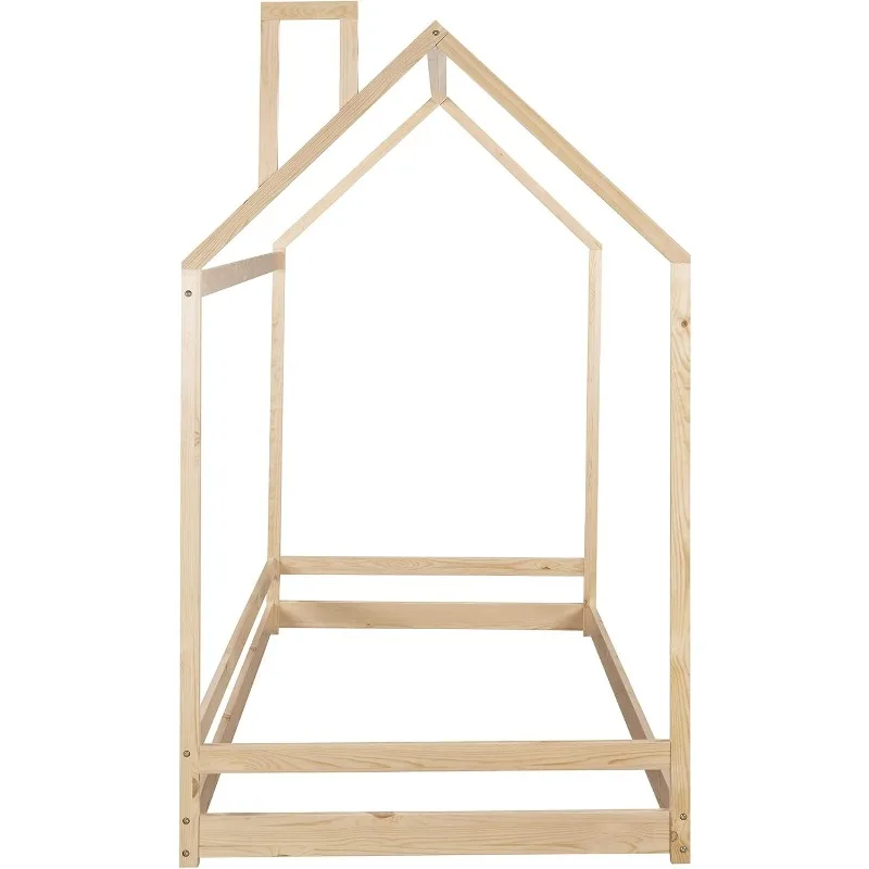 Lit de maison en bois de taille jumelle, cadre de lit en bois avec toit pour enfants, adolescents, garçons ou filles, 77.7 po L x 41.7 po L x 74.9 po H, naturel