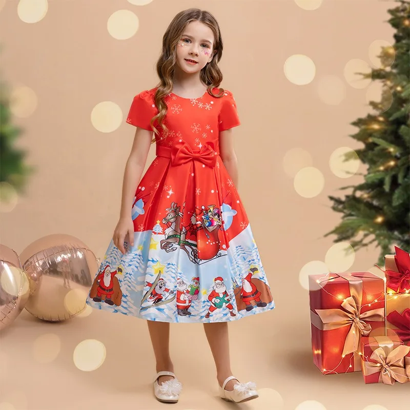 2024 HOT 2-8 Years Old Girls Christmas Dress Red Santa Green Costume Girl\'s Kid Vestidos 2 3 4 5 6 7 8 Years Old Kids Clothes