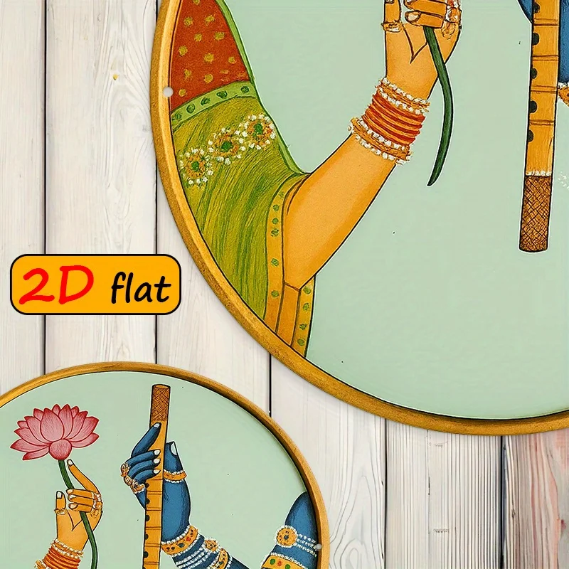 2D Flat - 2D Plane - 7.87×7.87 Inch Round Aluminum Outdoor Plaque Depicting a Human Figure Holding a Lotus Flower And Flute, Per