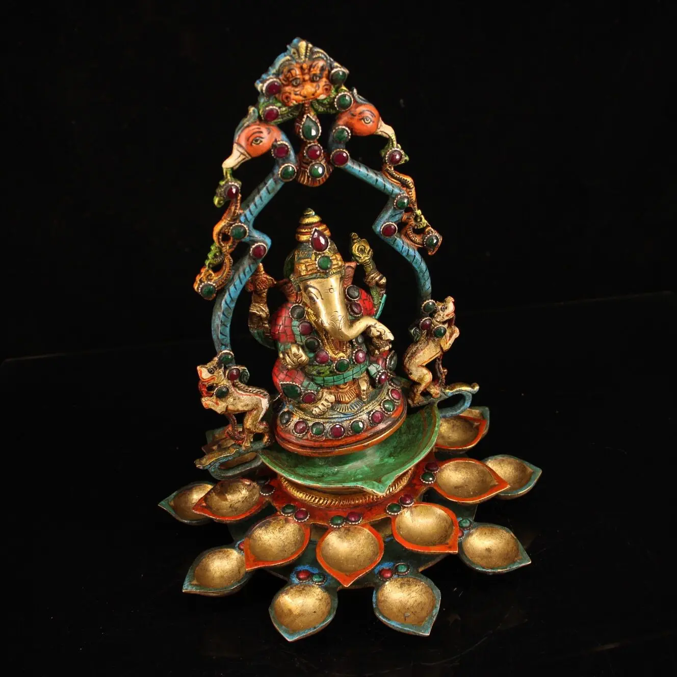 Nepal Pure Copper Ganesha Seated on Lotus Gem Inlaid Painted Collectible Home Altar Statue