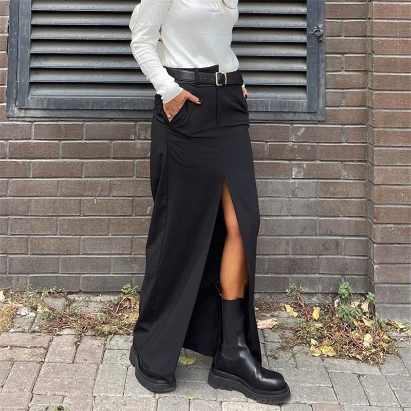 

Office Fashion Black Skirts Women Elegant High Waist Slit Long Skirt with Pockets Female Clothing