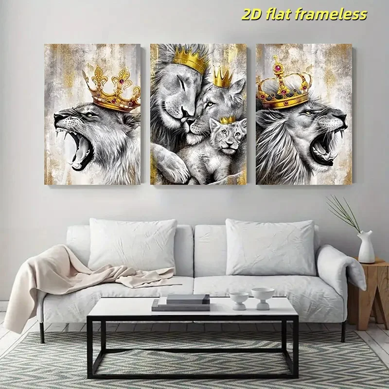 3 pieces of Lion King and Queen Crown art canvas posters, suitable for homes, offices, bars, pubs, cafes, and fashion art 2D fla