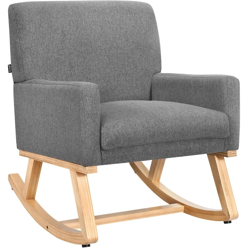 

Comfortable rocking chair with fabric padded seat and solid wood base, suitable for living rooms, bedrooms, and study rooms