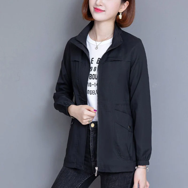 Mom Outfit Spring and Autumn New Stand Collar Jacket Solid Color Zipper Pockets Leisure Appears Thin Versatile Long-sleeved Coat