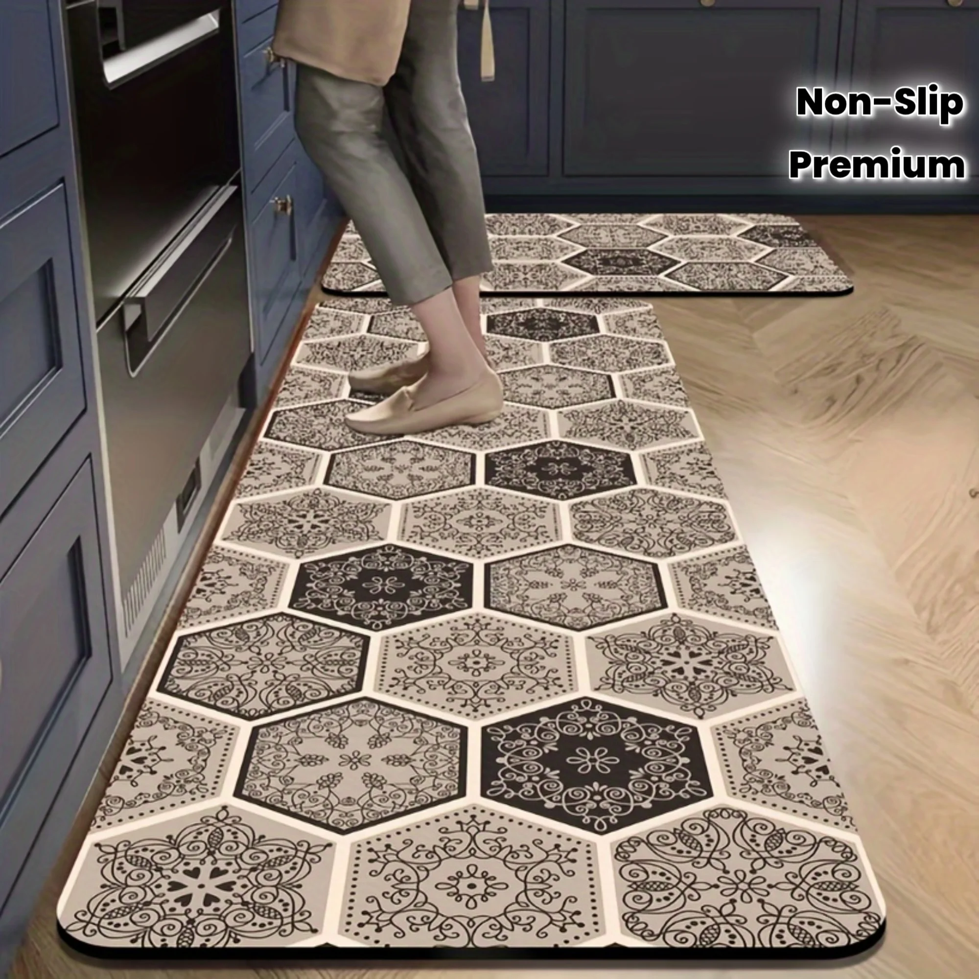 Vintage Hexagon Floral Print Kitchen Runner Rug,Non-Slip Absorbent Floor Mats, Washable Bohemian Decor Carpet for Home